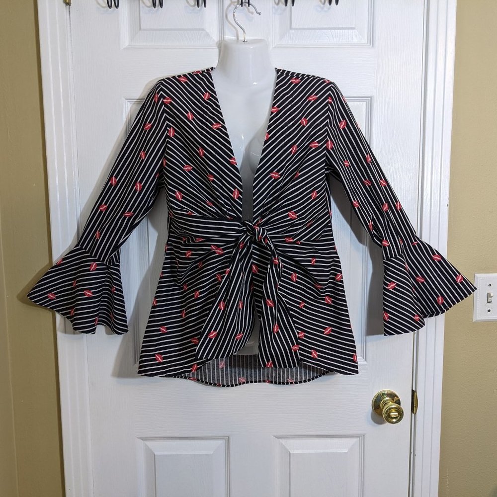 MISHCA Trendy Black & White Striped w/Red Lips Open Wrap Tie Blouse - size S